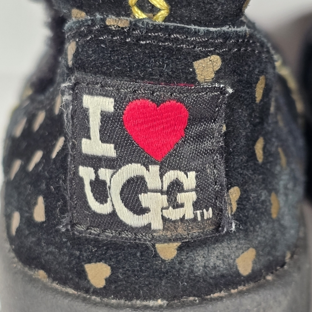 UGG I Heart Girls Black Suede Boots With Gold Hearts/Gold Rope Detail Size 3 - Picture 6 of 14